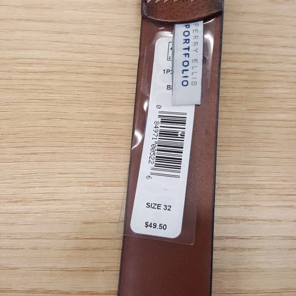 PERRY ELLIS Belt Mens Size 32 Brown Burnished Edge Leather Silver Buckle